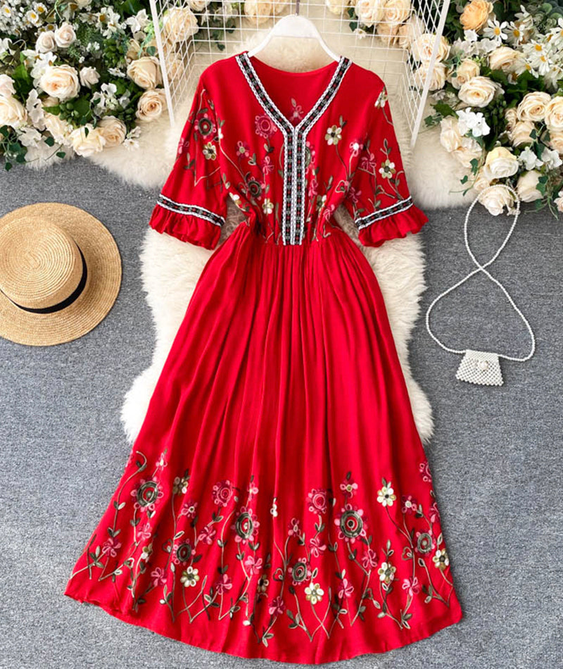 A line v neck embroidery dress  992