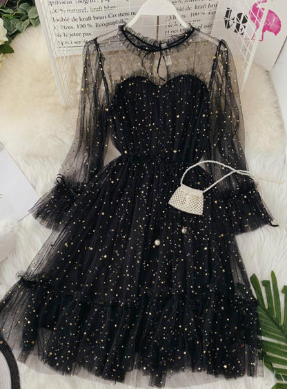 Schönes Tüll-Sterne-Pailletten-Kleid Sommerkleid 1176