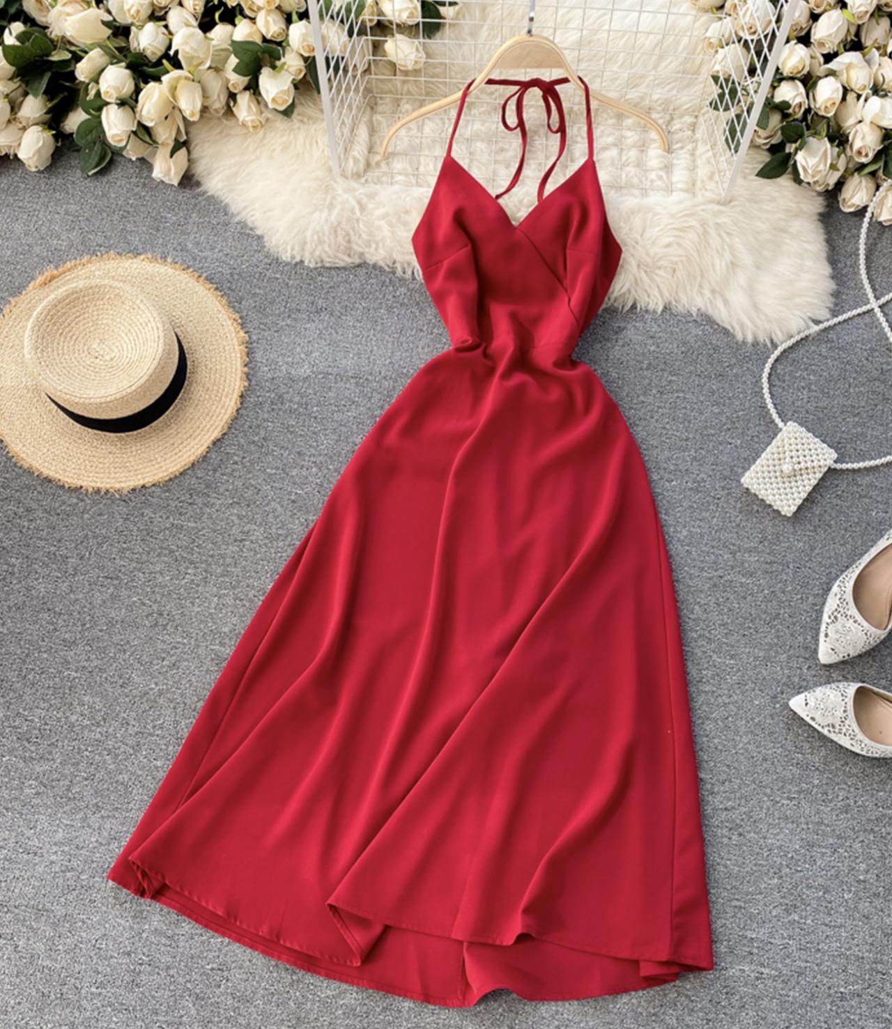 Simple A line v neck dress lace up dress  755