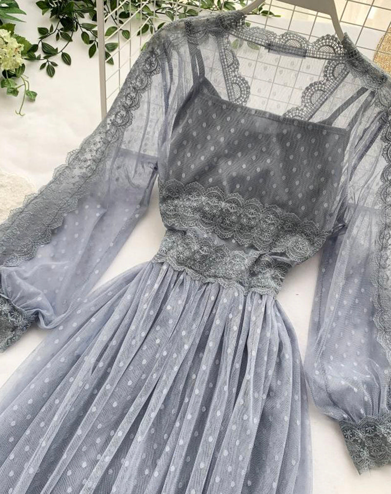 A line tulle lace long sleeve dress fashion dress  1072