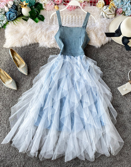 A line denim stitching dress summer dress  1123