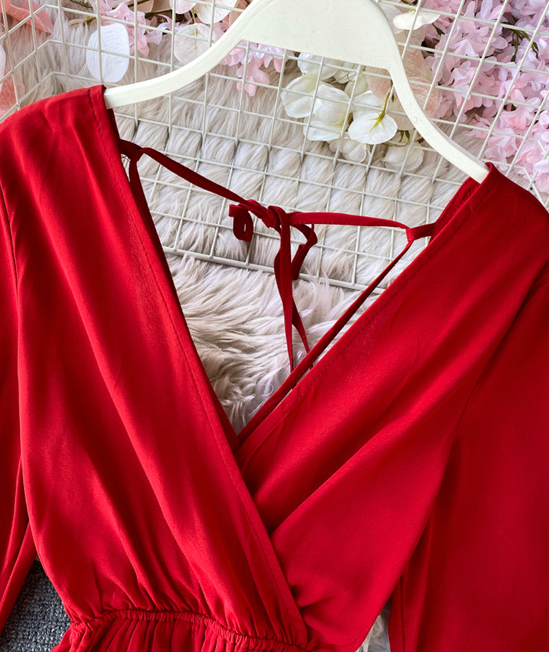 Red A line v neck long sleeve dress women's dress  1066