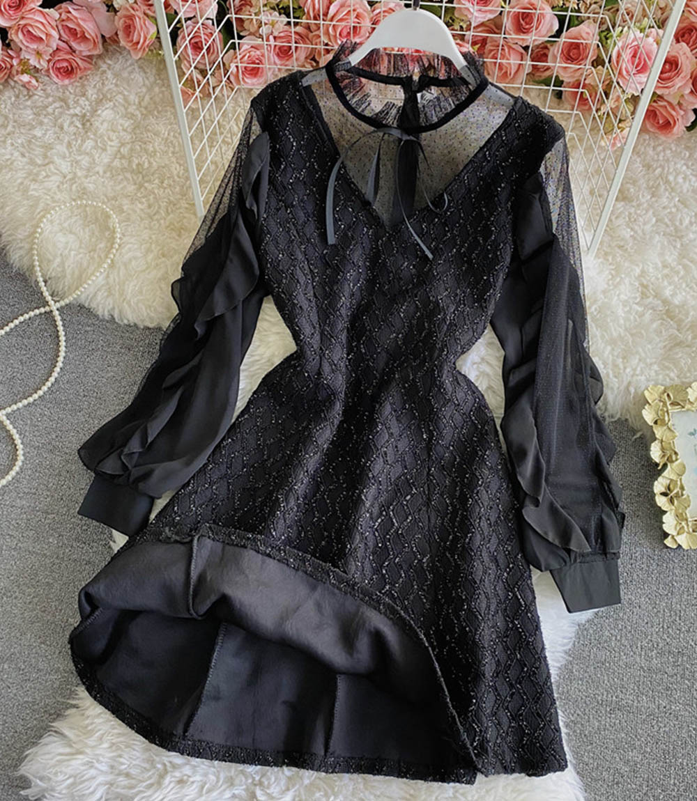 Schwarzes durchsichtiges Kleid in A-Linie kurzes Kleid 856