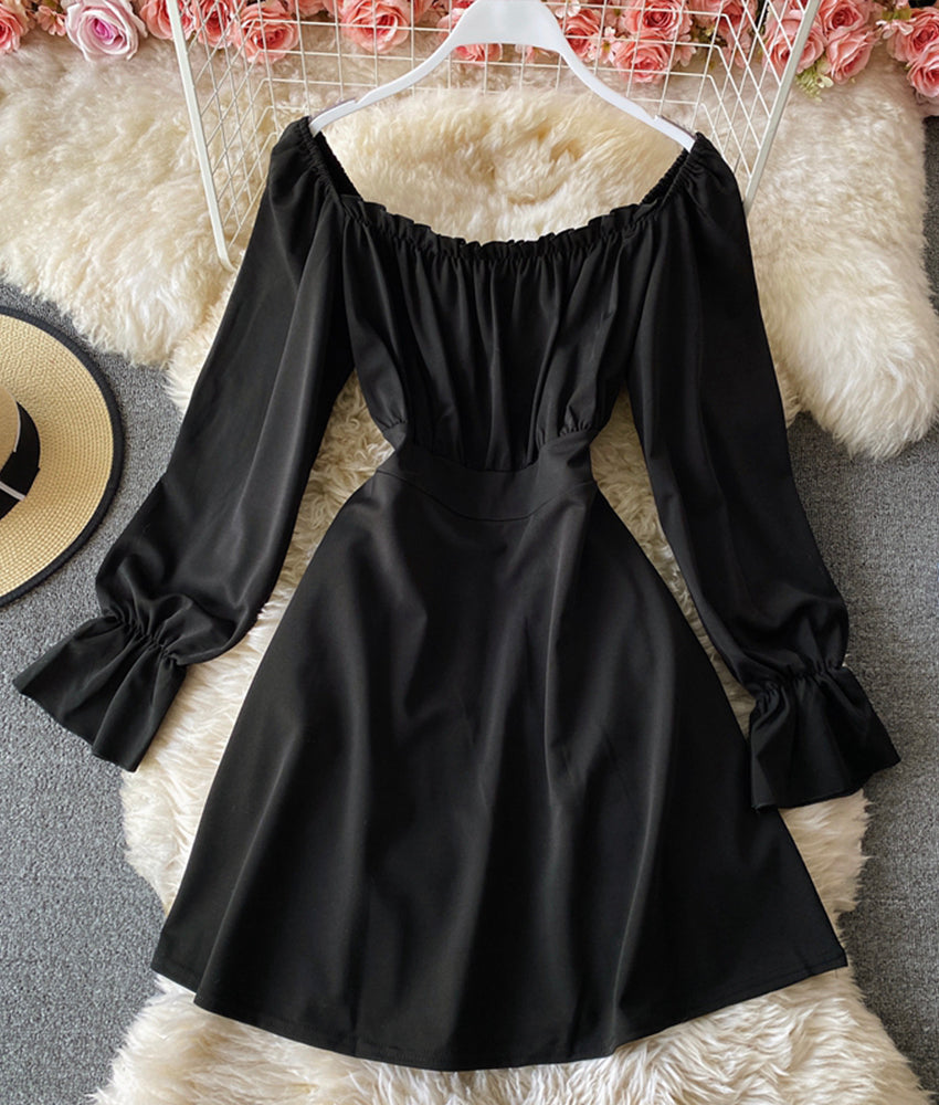 Schwarzes langärmliges Kleid mit Schnürung Modekleid 897