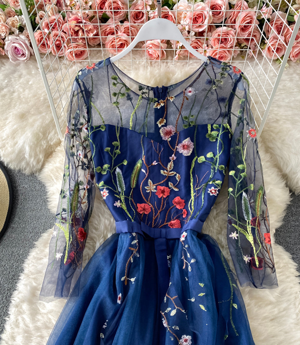 Blue A line tulle dress blue embroidery dress  852