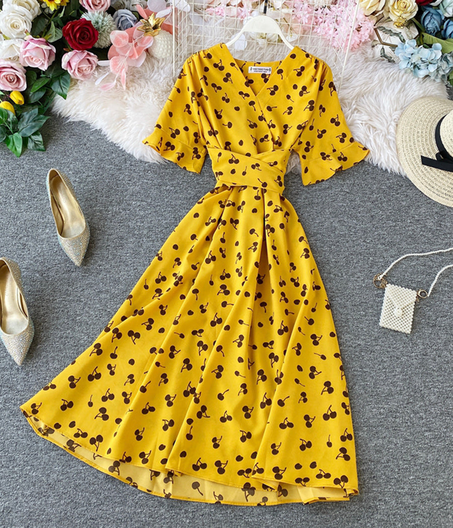 Cute v neck cherry dress summer dress  1282