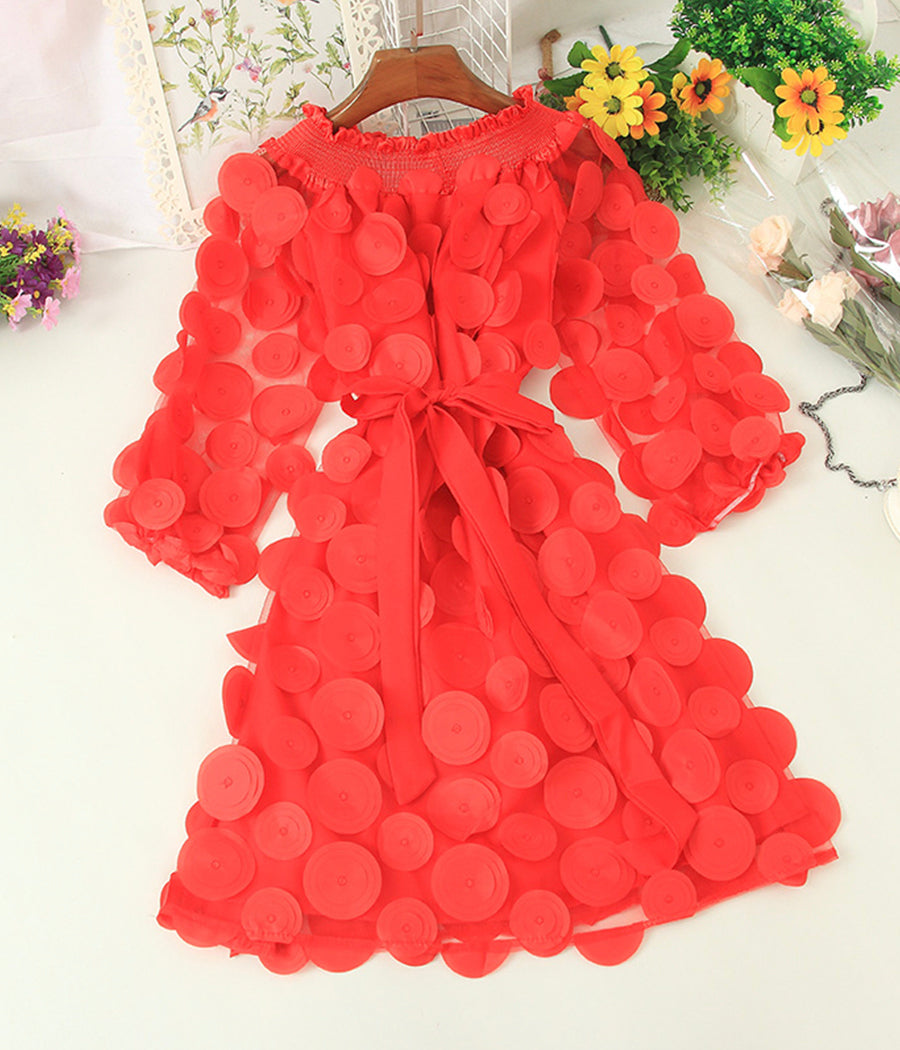 Uniquely designed three-dimensional flower puff sleeve dress  1199