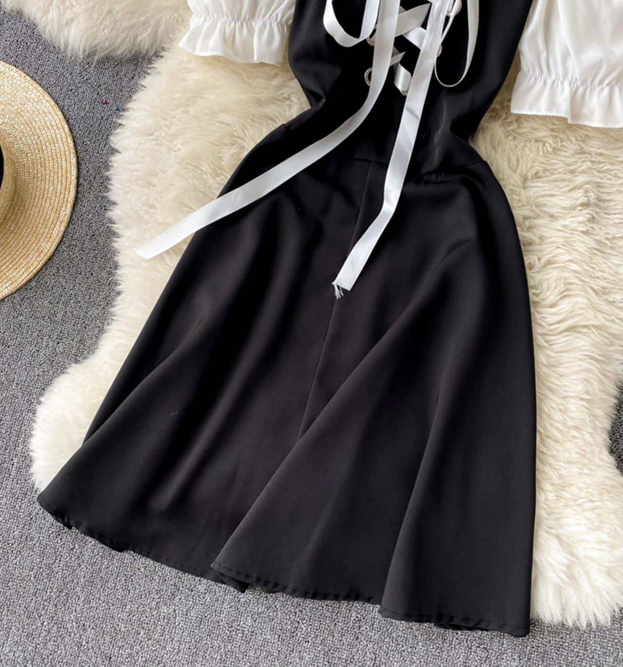 Black lace up short dress A line fashion dress  741