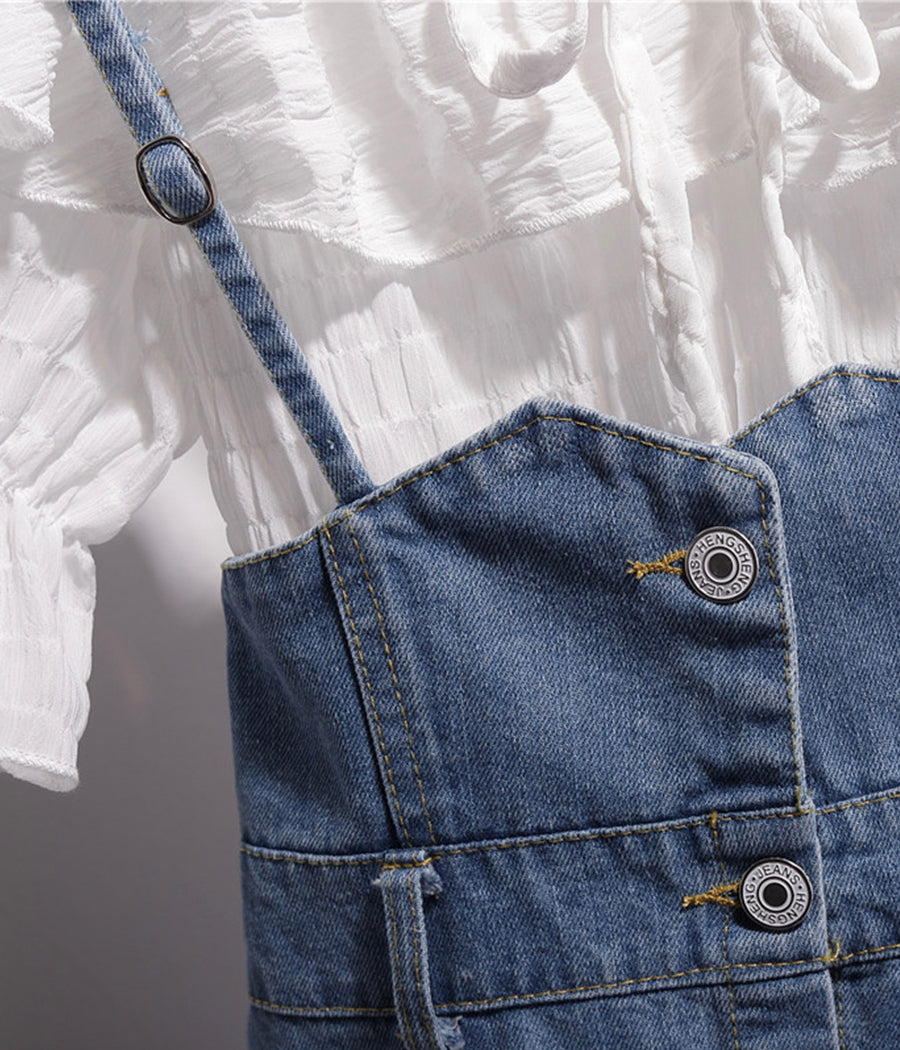 Cute white ruffled top + strap denim skirt  1278