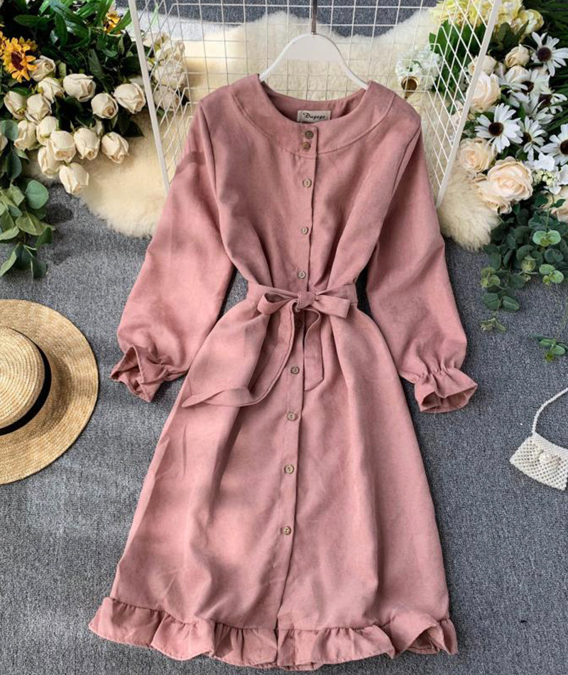 Long sleeve ruffle hem button down dress  1041