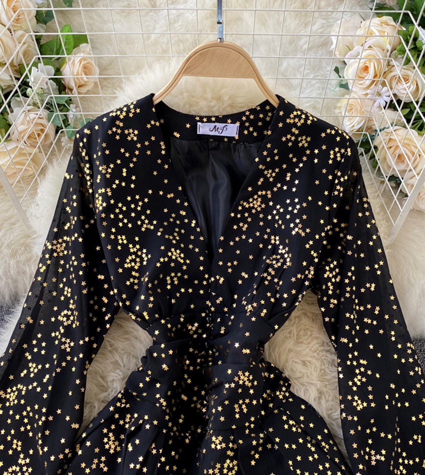 Stylish v neck short dress with stars  945