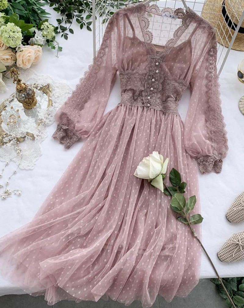 A line tulle lace long sleeve dress fashion dress  1072