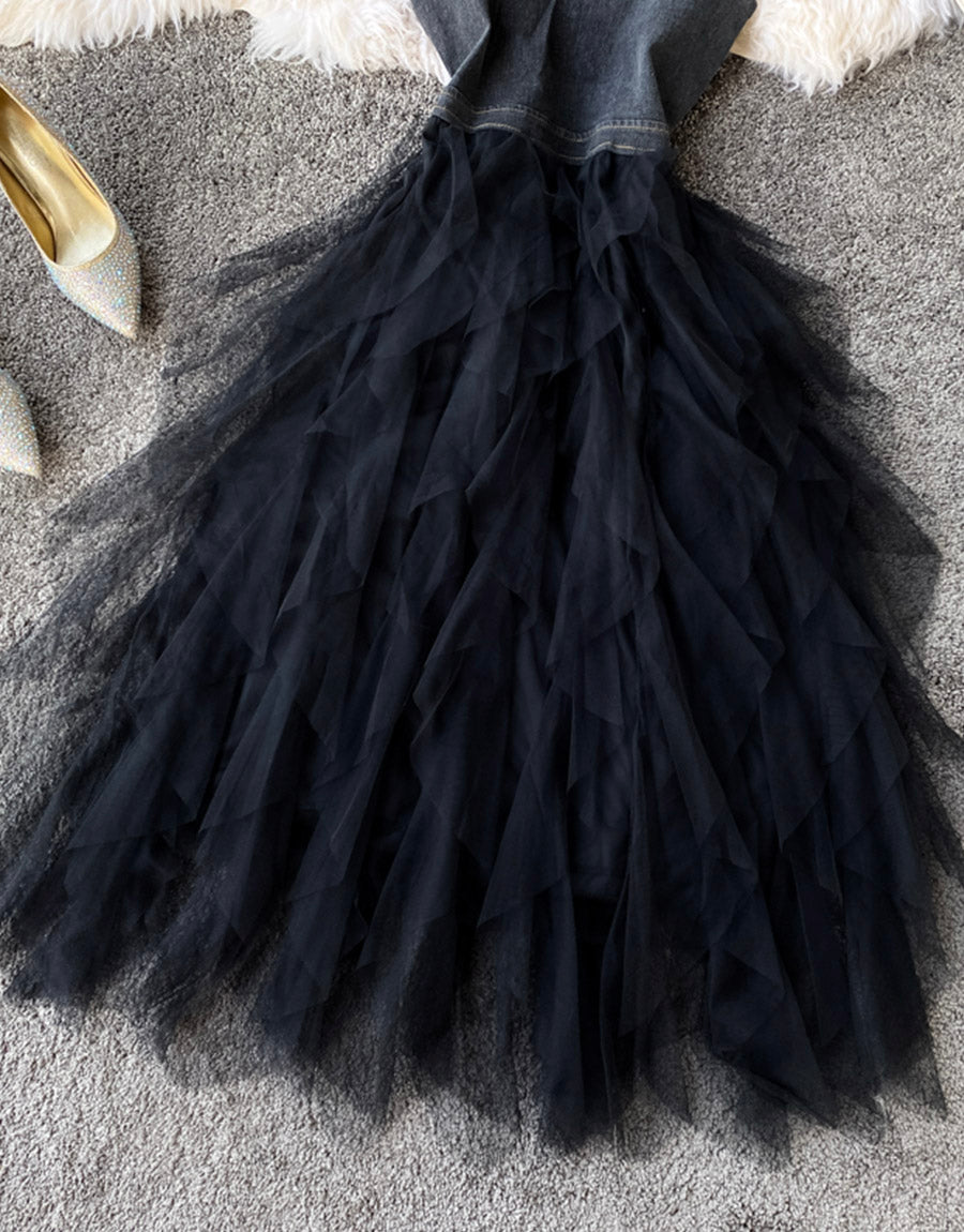 A line denim stitching dress summer dress  1123