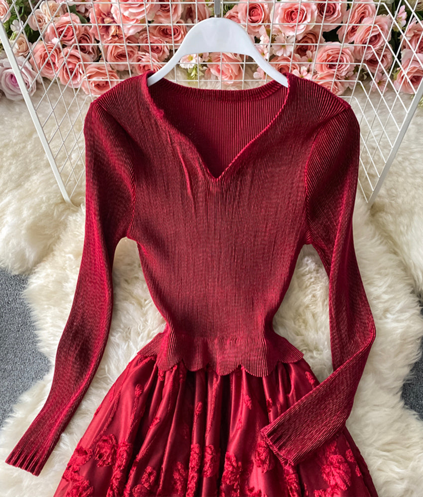 Robe trapèze élégante en patchwork à manches longues 898