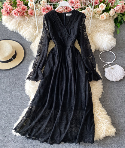 Elegant v neck lace long sleeve dress  966