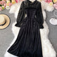 Elegantes schwarzes Samt-Spitzenkleid Langarmkleid 986