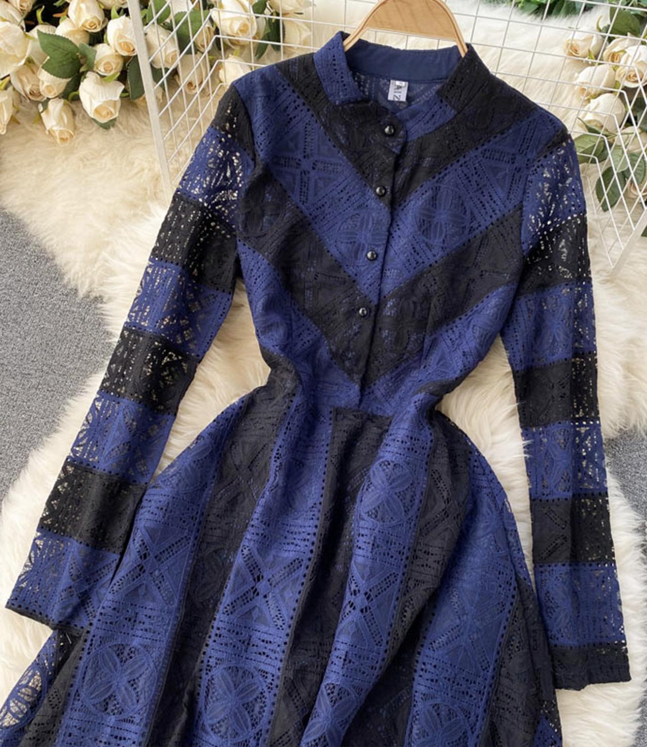 Blue lace long sleeve dress A line dress  1301
