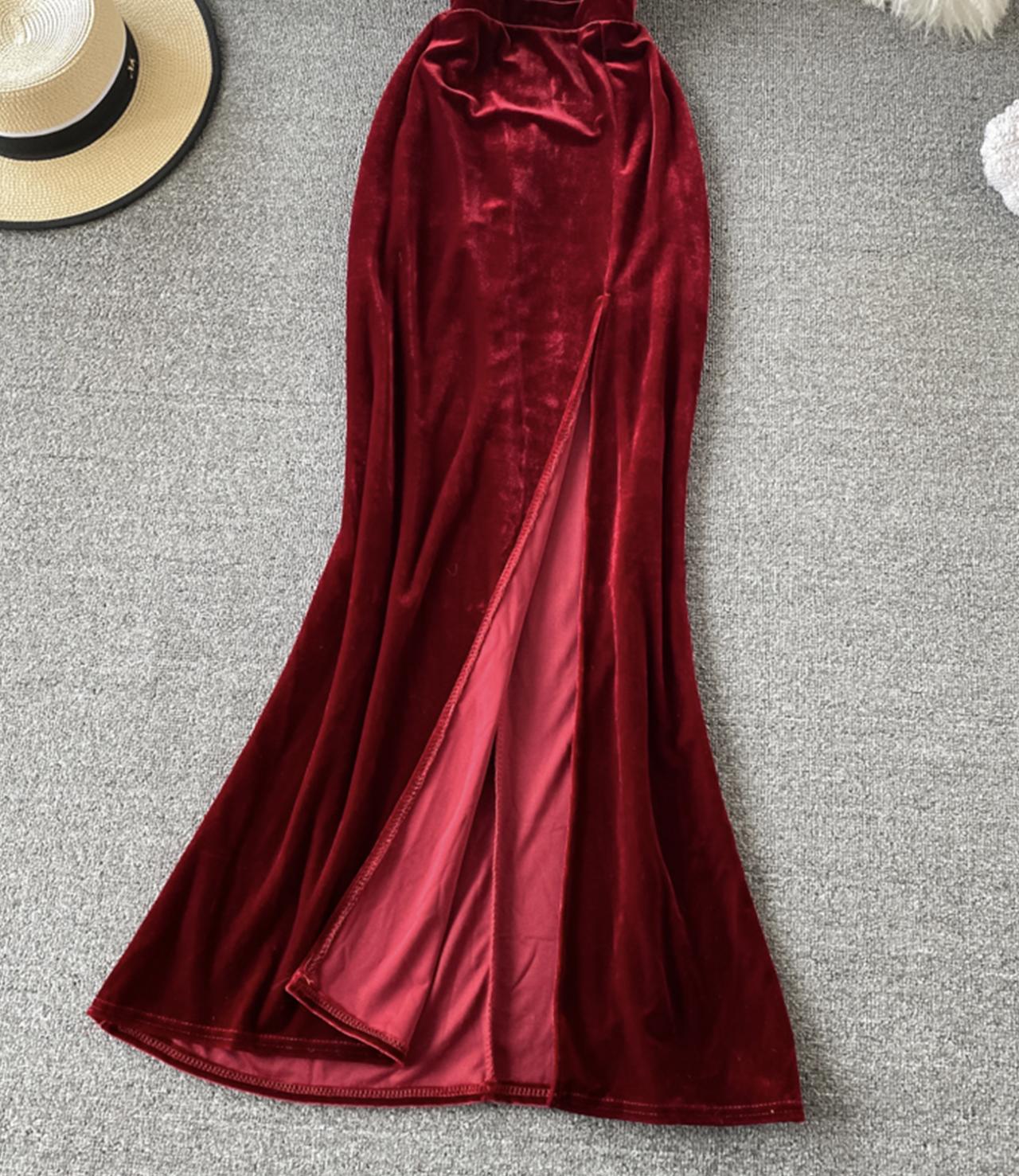 Burgunder langes Samtkleid 753