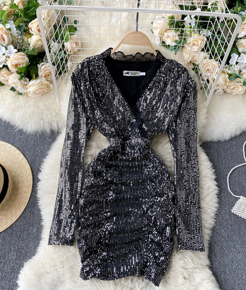 Stylish v neck sequins short dress party dress  906