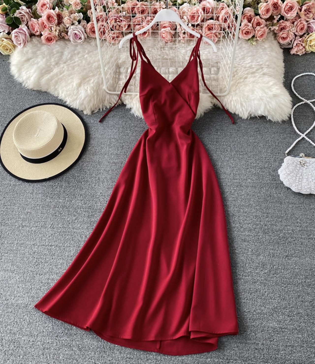Simple v neck lace up dress A line dress  761