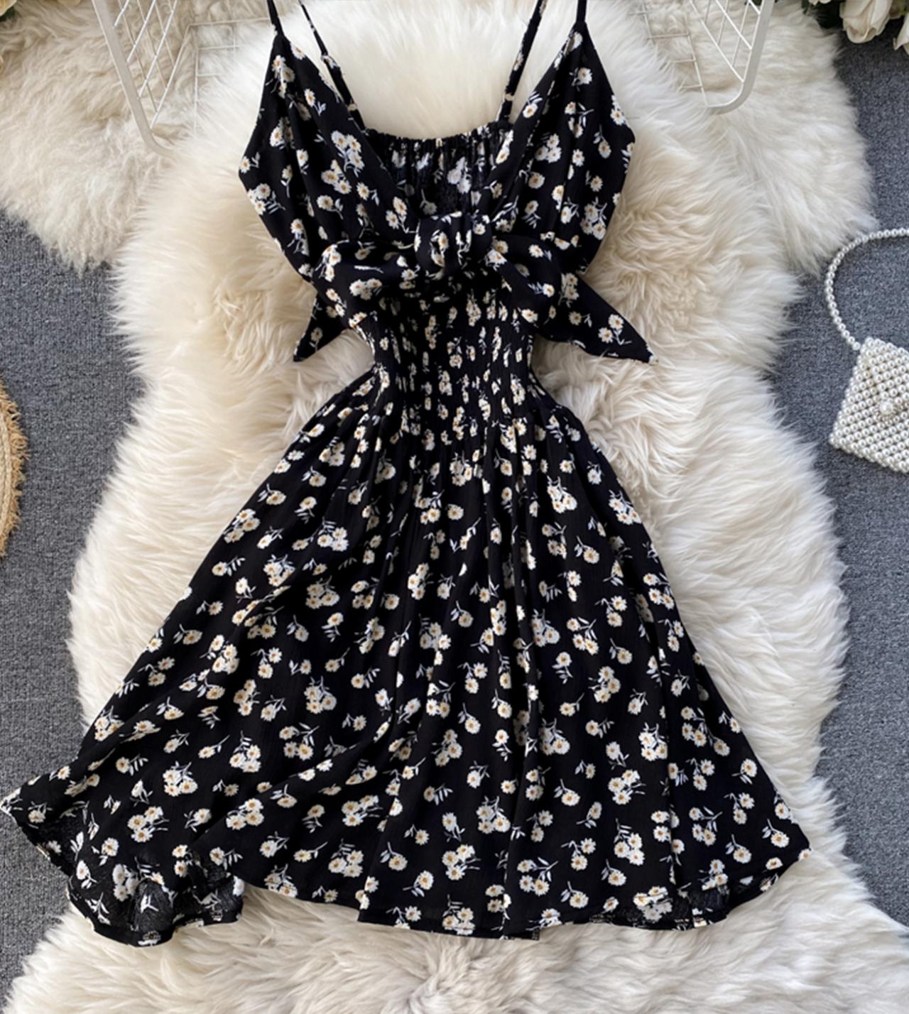 Black A line floral dress with bow  784