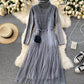 Stylish high neck bottoming shirt + sleeveless tulle dress two piece sets  991