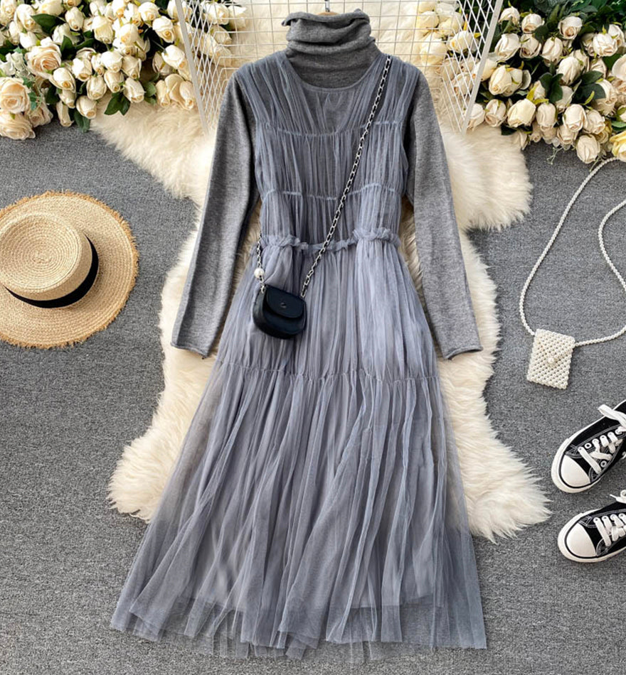 Stylish high neck bottoming shirt + sleeveless tulle dress two piece sets  991