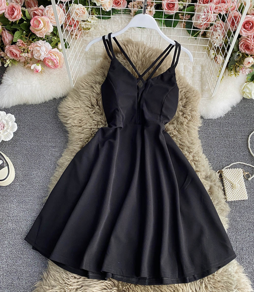 Simple A line v neck short dress  864