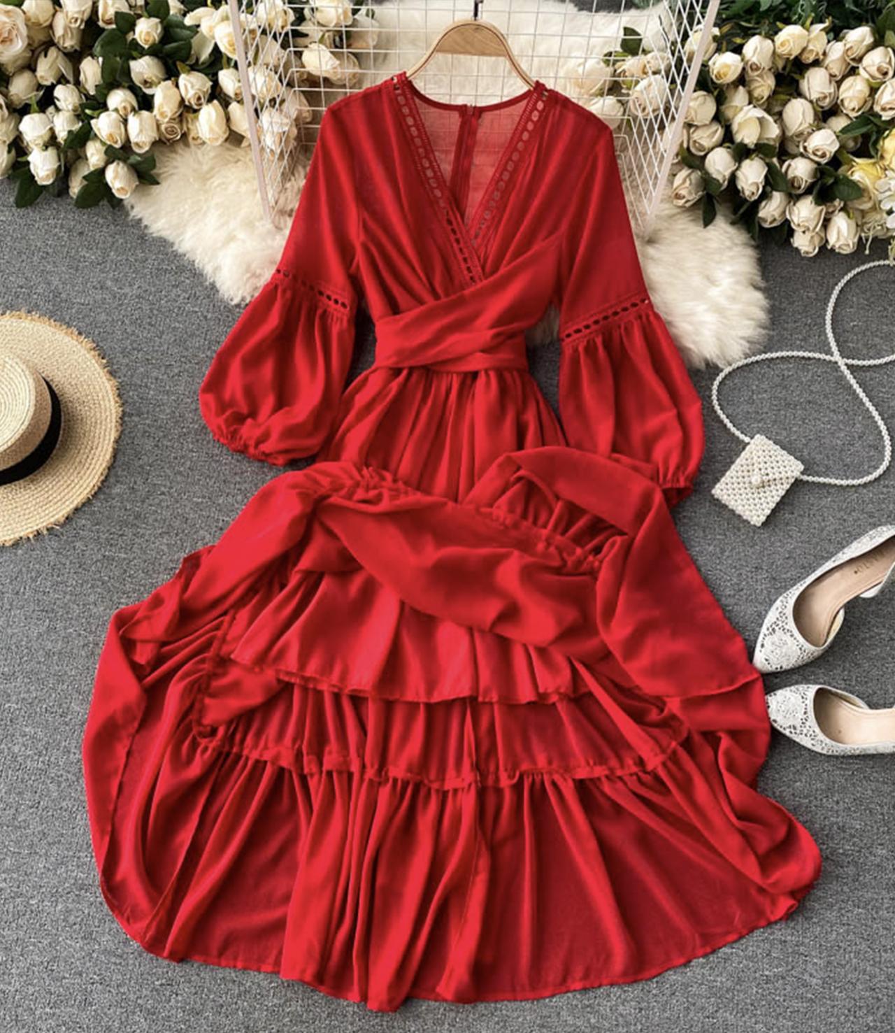 Rotes A-Linie Chiffonkleid Mode Mädchenkleid 840