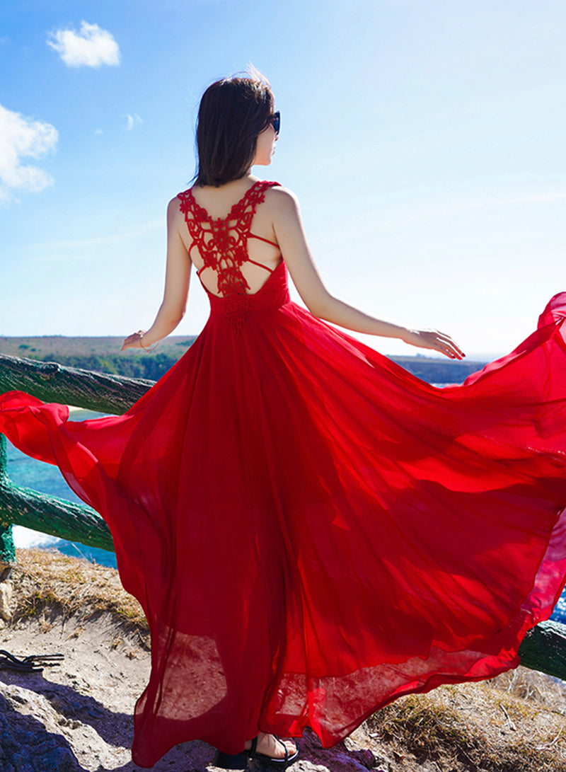 Red v neck chiffon lace long dress  1214