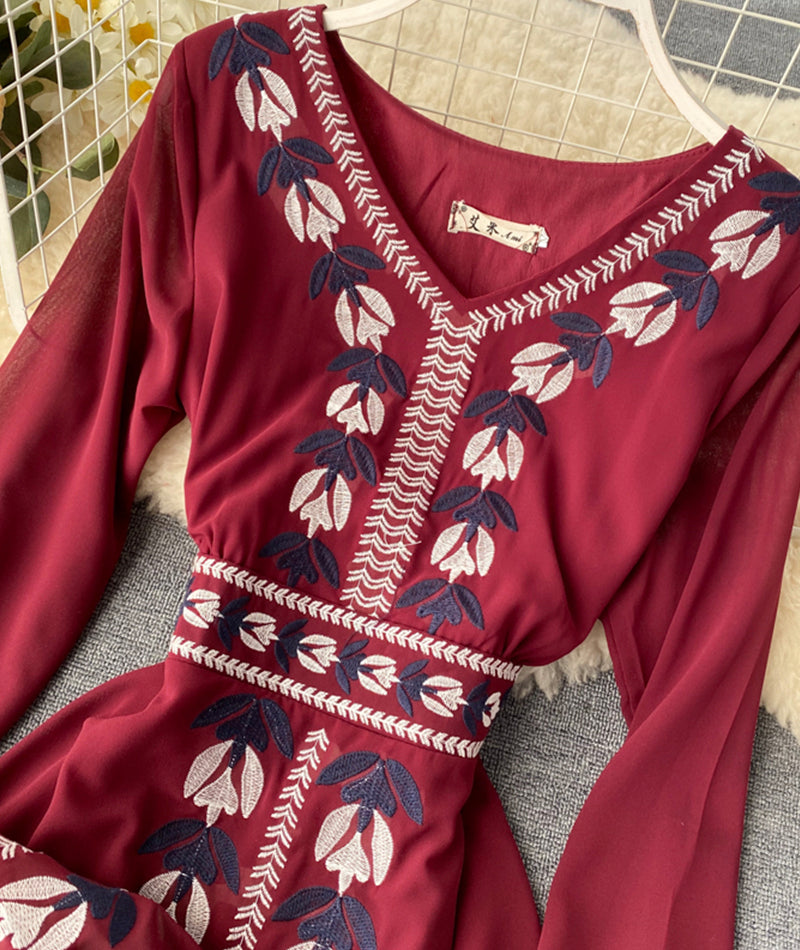 Stylish A line embroidery dress v neck chiffon dress  1016