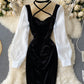 Black velvet and white dress long sleeve dress  905