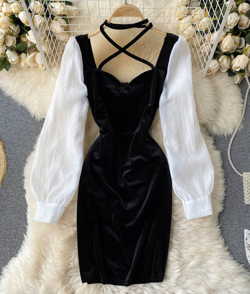 Black velvet and white dress long sleeve dress  905