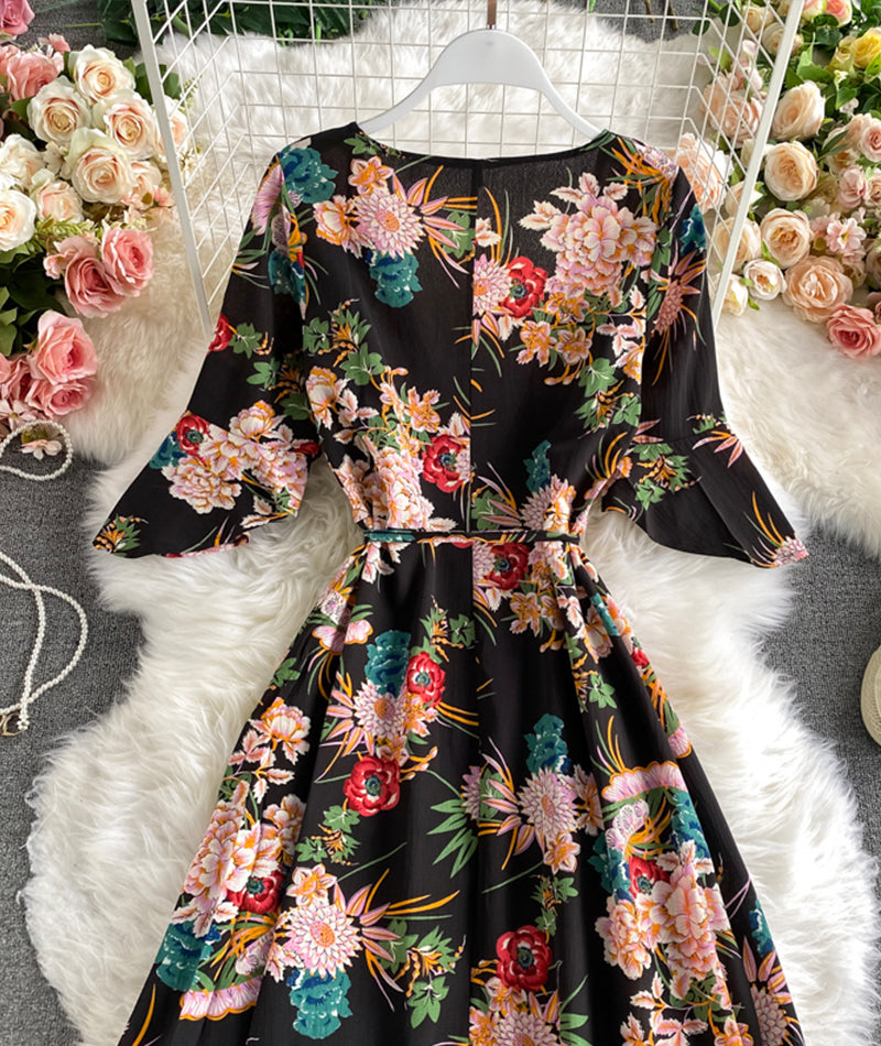 Black A line v neck floral dress  930