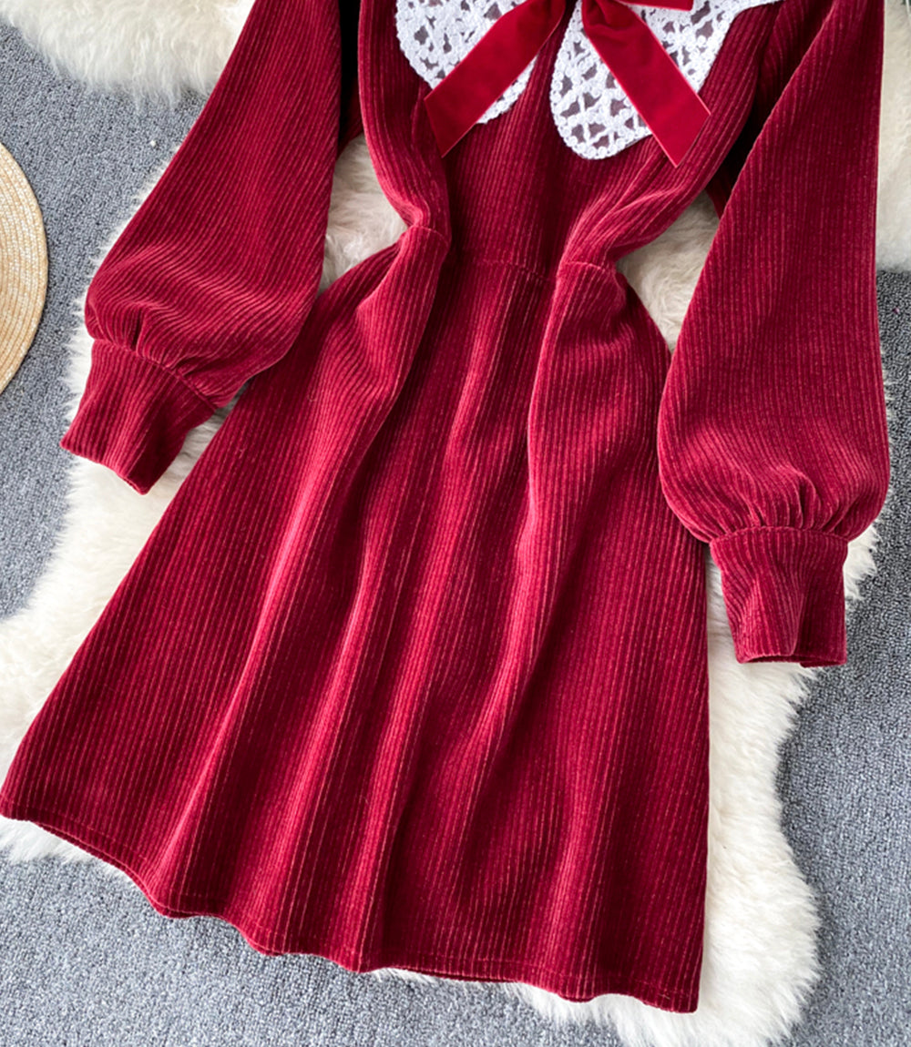 Lovely A line corduroy dress long sleeve lace dress  922