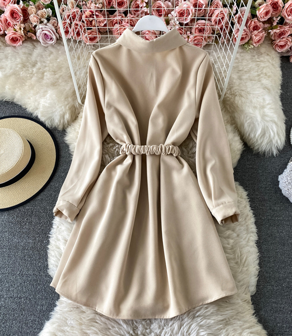 Simple A line long sleeve shirt dress  874