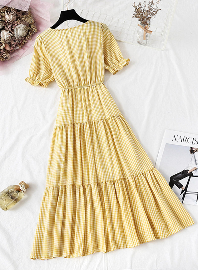 Women's dress A line v neck plaid dress  1135