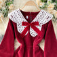 Lovely A line corduroy dress long sleeve lace dress  922