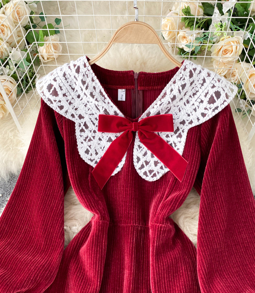Lovely A line corduroy dress long sleeve lace dress  922
