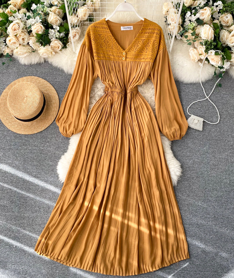 Vintage v neck pleated dress long sleeve dress  1033