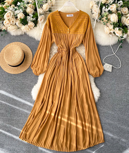 Vintage v neck pleated dress long sleeve dress  1033