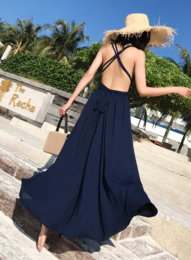 Simple V neck chiffon long dress blue dress  1218
