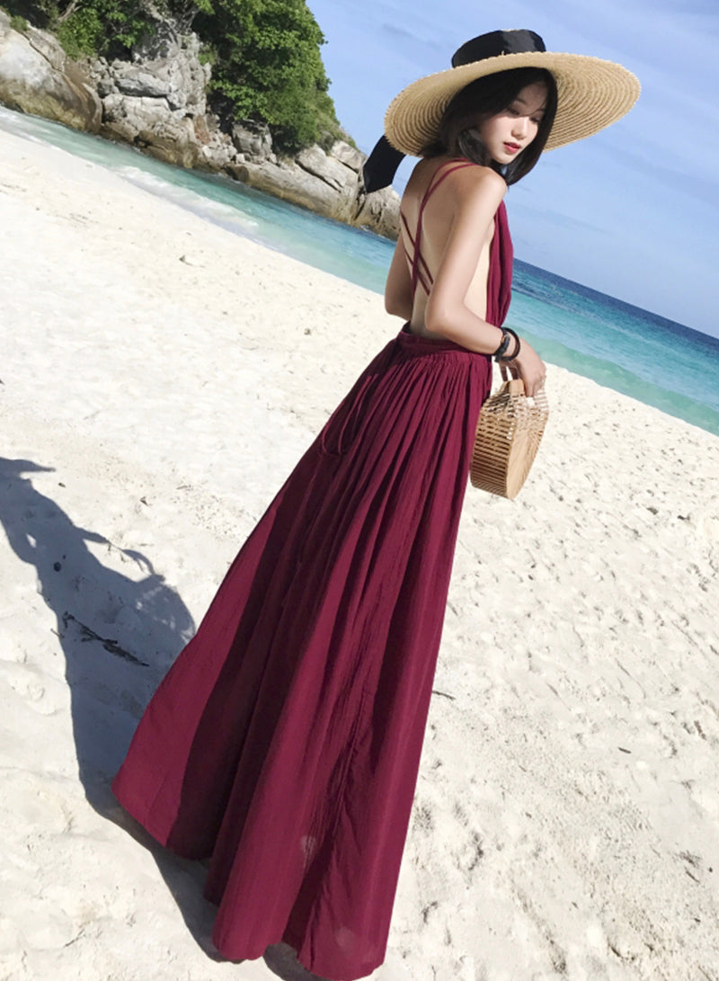 Burgundy v neck long dress summer dress  1217