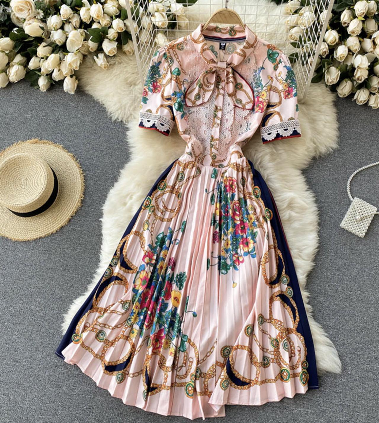 Pink A line floral pattern dress long sleeve dress  795
