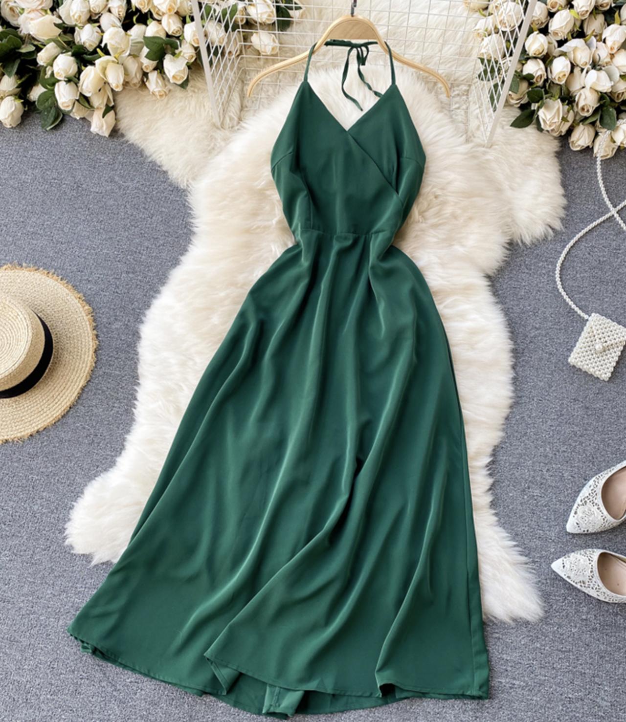 Simple A line v neck dress lace up dress  755