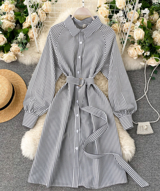 Robe simple à manches longues à rayures noires et blanches 954
