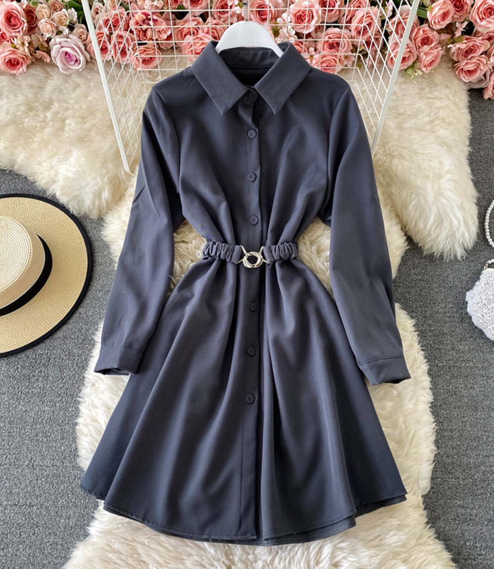 Simple A line long sleeve shirt dress  874