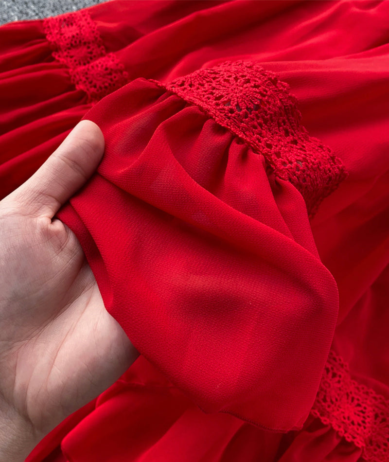 Red chiffon lace dress red A line dress  993