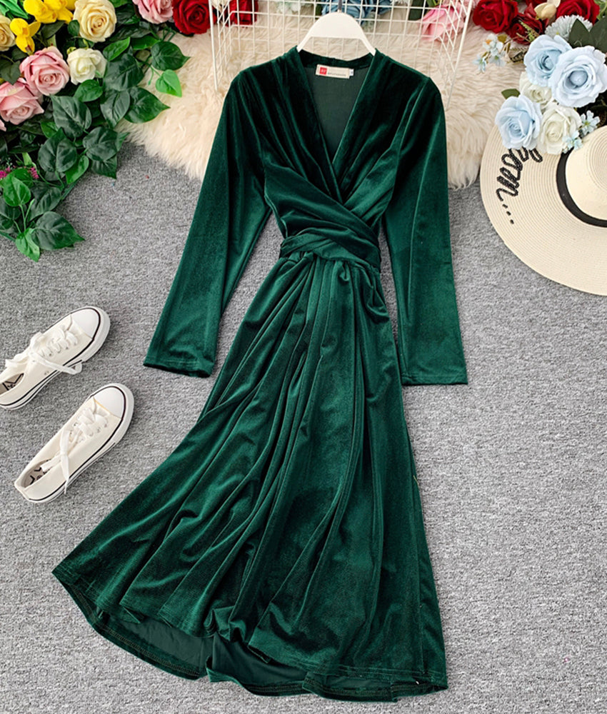 Elegantes Samtkleid mit V-Ausschnitt, Langarmkleid 914 