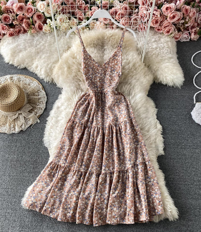 Süßes Blumenkleid in A-Linie mit V-Ausschnitt, Modekleid 721